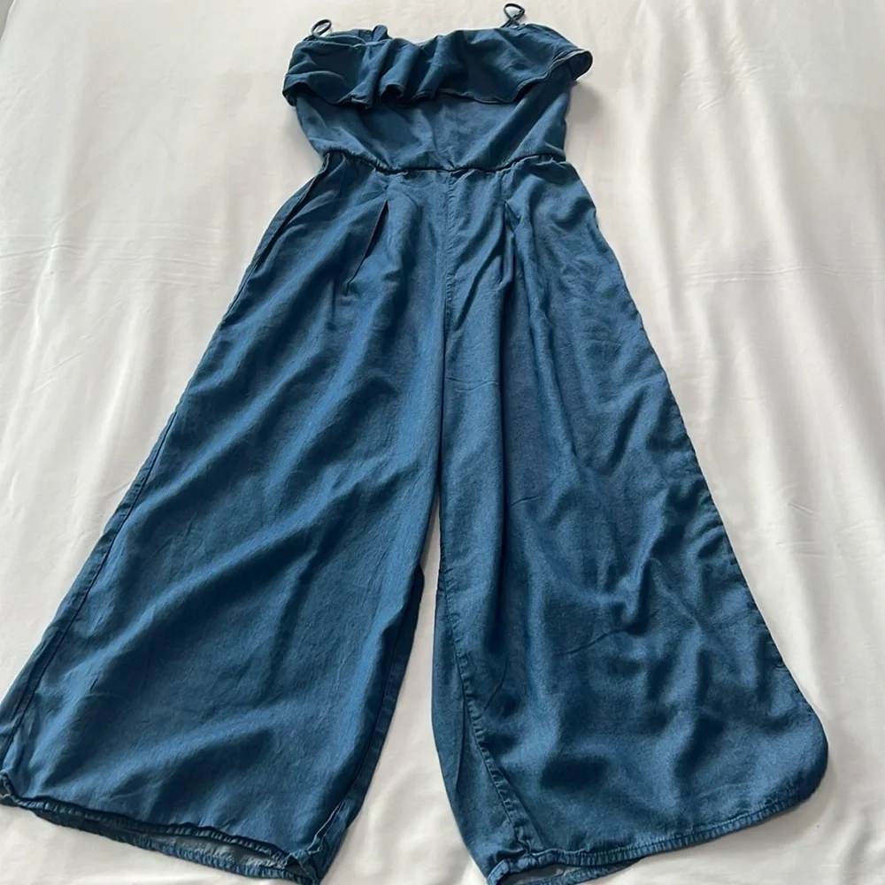 Harper Heritage Spaghetti Strap Ruffle Top Cropped Wide Leg Denim Romper